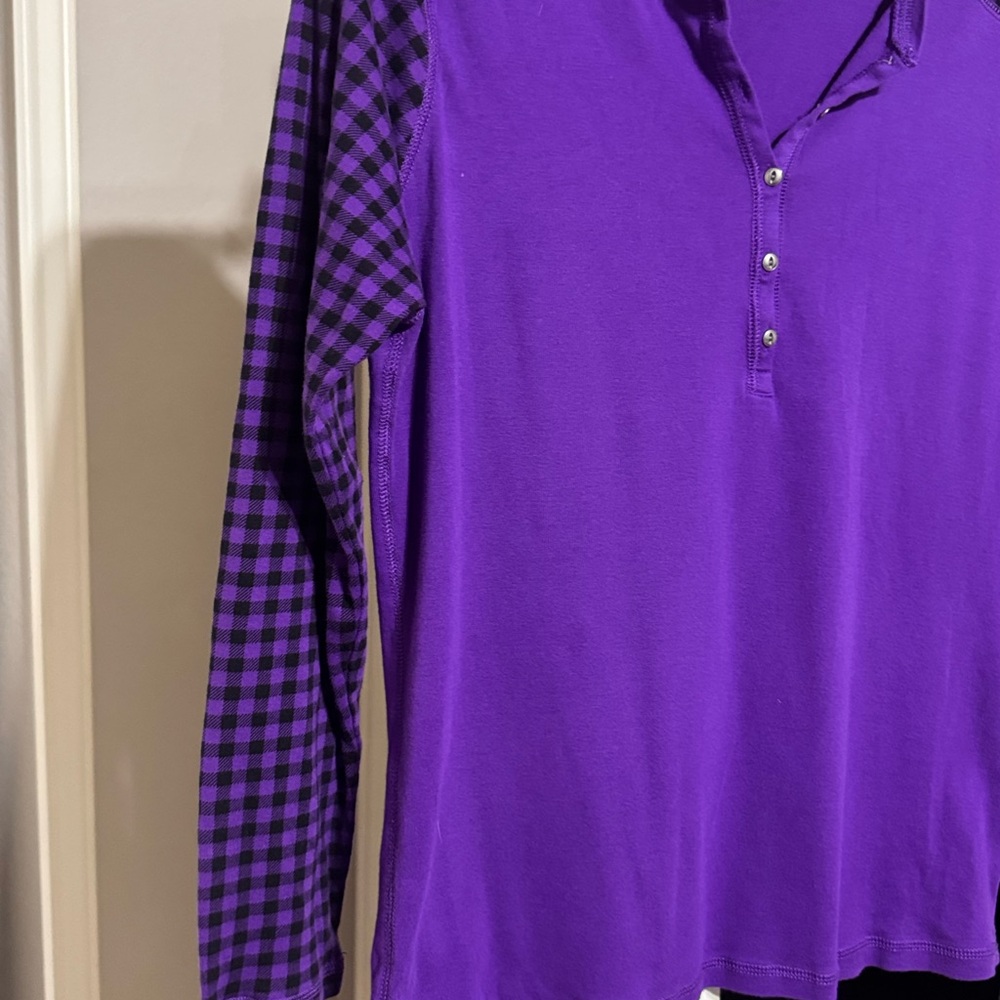 Chaps Purple Checkered Long Sleeve Top - Picture 2 of 6